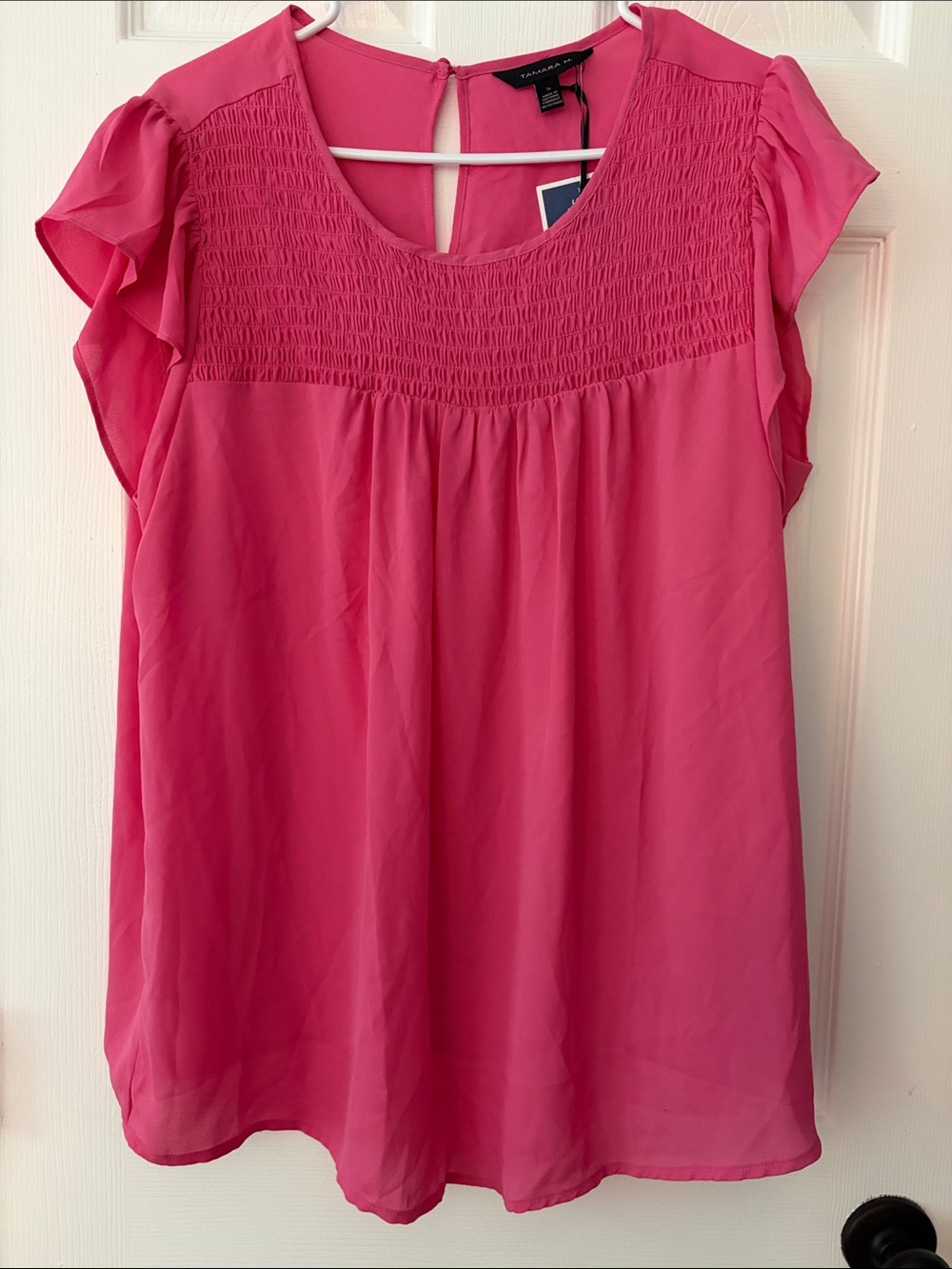 Tamara H. Pink Smocked Flutter Sleeve Blouse